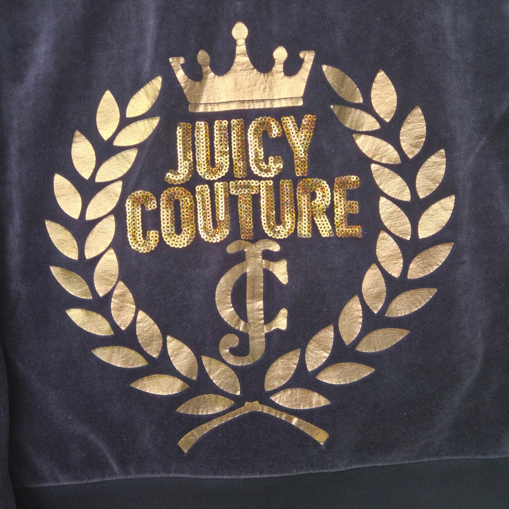 VTG Juicy Couture Navy Blue Velour Zip Up Hoodie Gold Crown Wreath Graphic Large